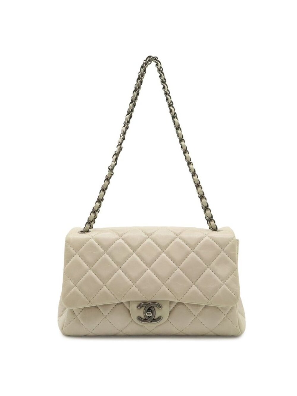 Chanel Quilted Chain Shoulder Bag Aged Calfskin Leather Sand Beige